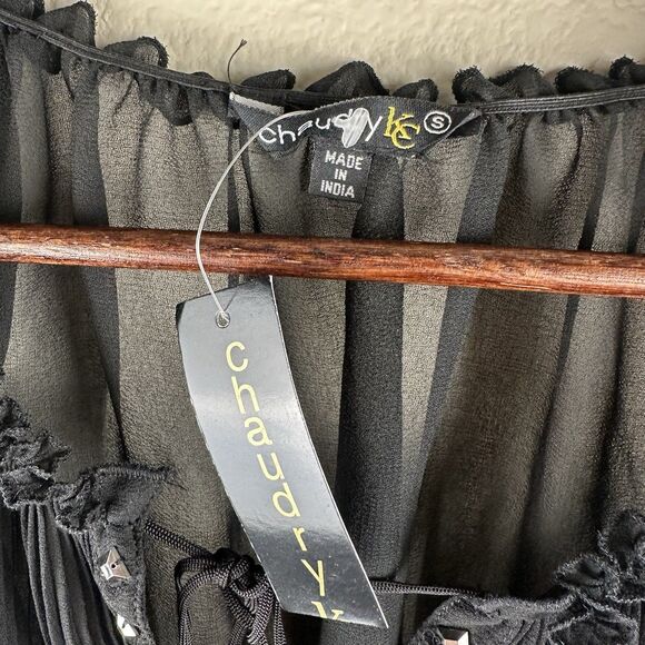 Chaudry KC Top Womens Small Black Sheer Pleated Loose Flowy Tropical Floral NEW - Picture 12 of 13